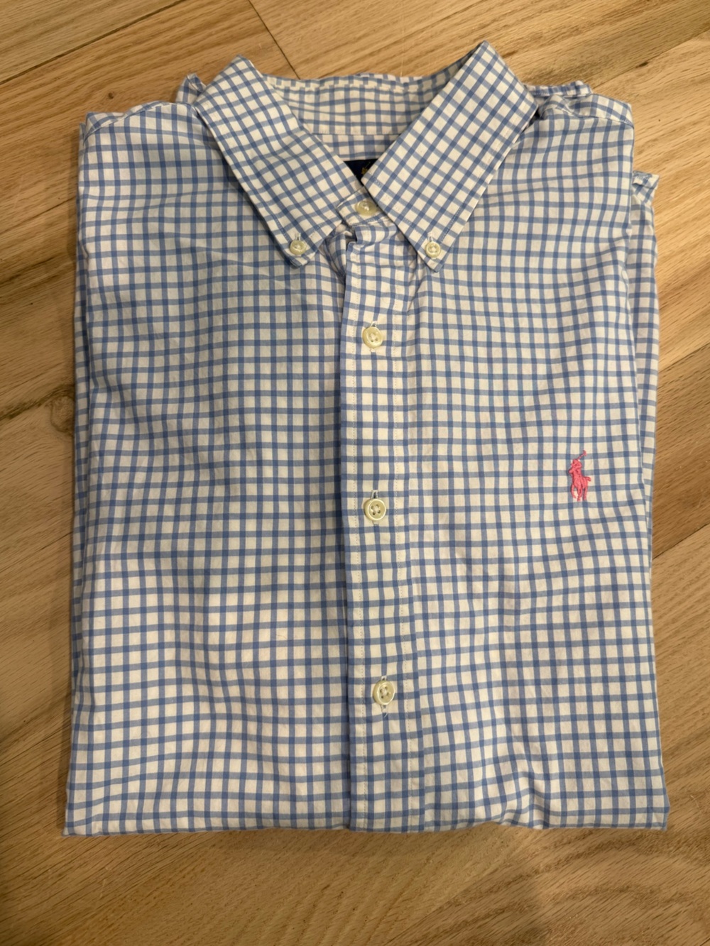 Ralph Lauren Blue and White Check Button-Down Shirt with Pink Pony